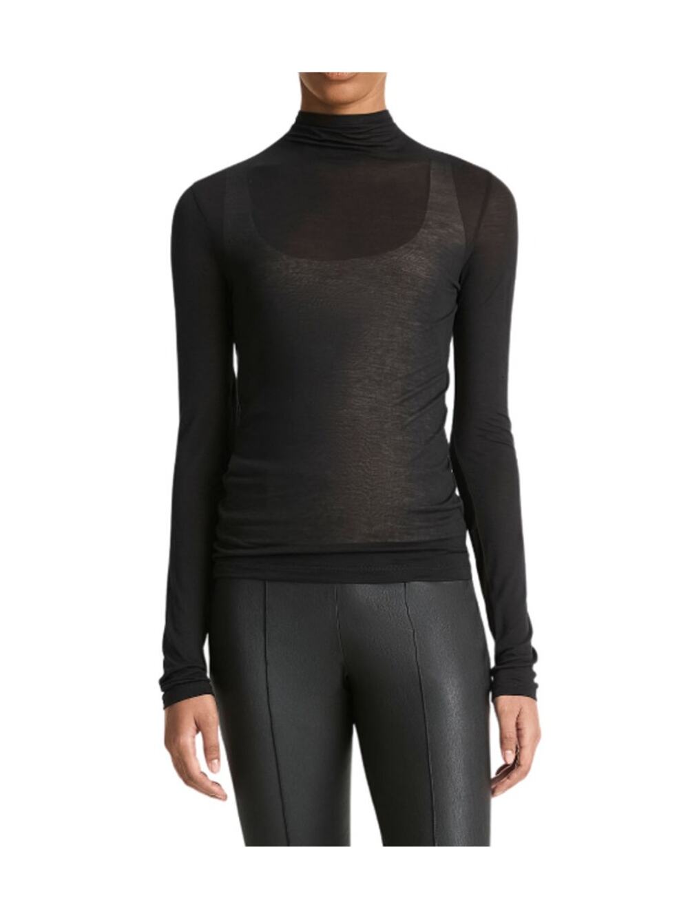 VINCE Sheer Mock Neck Top Black Knit Pullover Long Sleeve Women's S